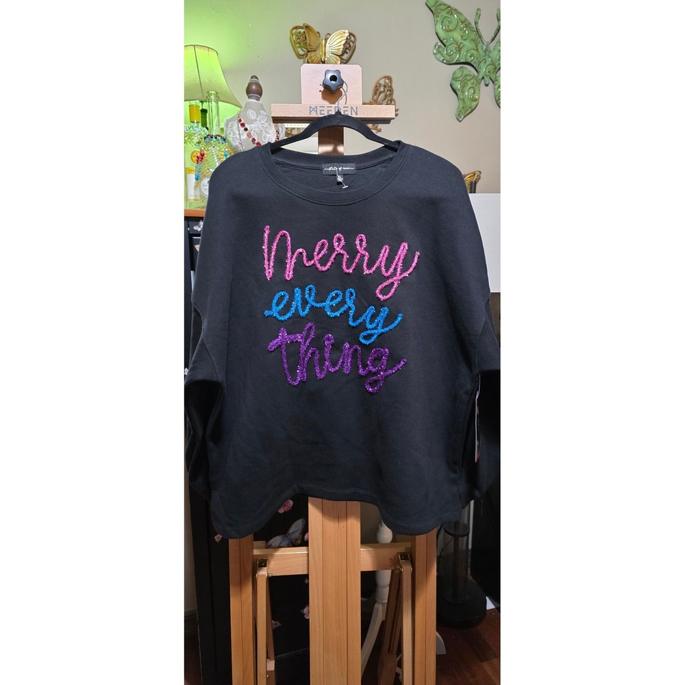 State of Mine Womens XL Merry Everything Glitter Graphic Sweatshirt Black NWT